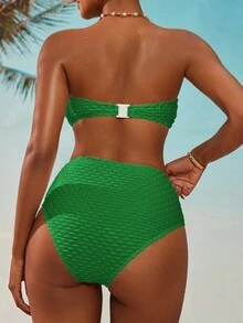 Swim Basics Women's Solid Color Textured Fabric Crisscross Bust Bandeau Bikini Set, Beach Resort Style, Summer - Green - View 2