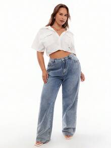 SHEIN EZwear Plus Size Women's Summer Casual Linen Blend Collared Shirt, White, Loose Fit, Front Pockets, Twist Hem, Hidden Buttons, Suitable For Daily Wear - White - View 2