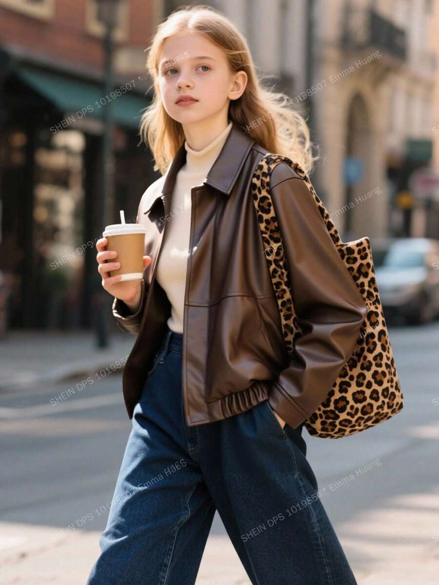 SHEIN 少女休闲百搭复古街头棕色皮夹克，翻领设计，适合上学、通勤、旅行等场合，可搭配长袖毛衣、背心、连帽衫、裤子、牛仔裤、运动裤等，秋冬季穿着舒适。 - 棕色 - 查看 1