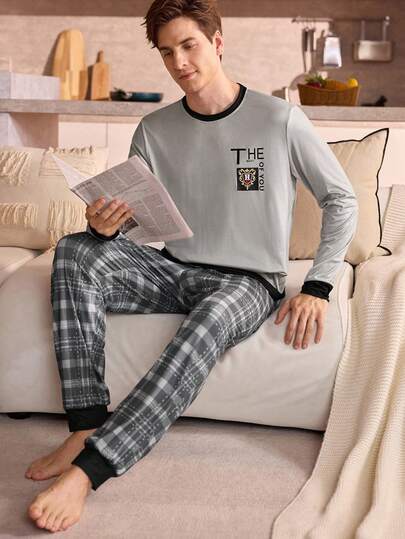 Manfinity Underwear&Sleepwear Basics Men's Plaid Long Sleeve Top And Pants Pajama Set, Autumn