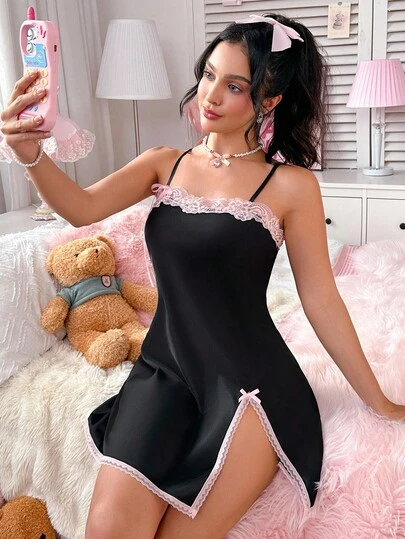 PetitDoll 女士优雅缎面蕾丝吊带裙，配蝴蝶结腰带