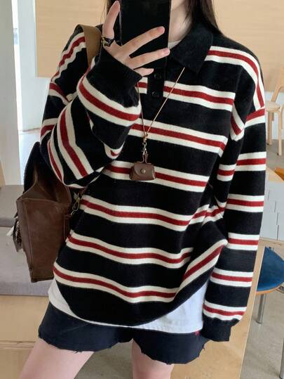 DAZY Women's Casual Loose Striped Patchwork Pullover Sweater, Fashion Minimalist Street Style, Suitable For Autumn & Winter