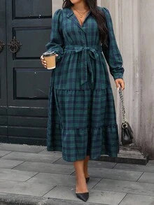 SHEIN 复古花卉格子圆领泡泡袖大码女装连衣裙，女式秋季服装，新年服装，圣诞连衣裙 - 彩色 - 查看 4