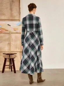 Florisole Vestido feminino vintage xadrez vermelho-marrom, manga comprida, abotoamento simples, cintura franzida, estilo para deslocamento, primavera/outono - Multicolorido - Ver 2