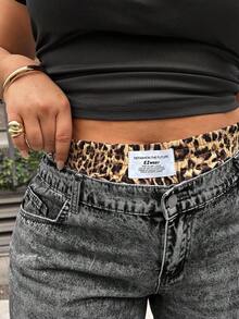 Dripcurv 加大码牛仔裤，休闲宽松直筒裤，豹纹腰带，阔腿休闲裤，双腰带松紧腰带，复古牛仔直筒宽松裤，女士街头潮流裤，休闲版型松紧腰带，撞色腰带，二合一设计豹纹 - 黑色 - 查看 5