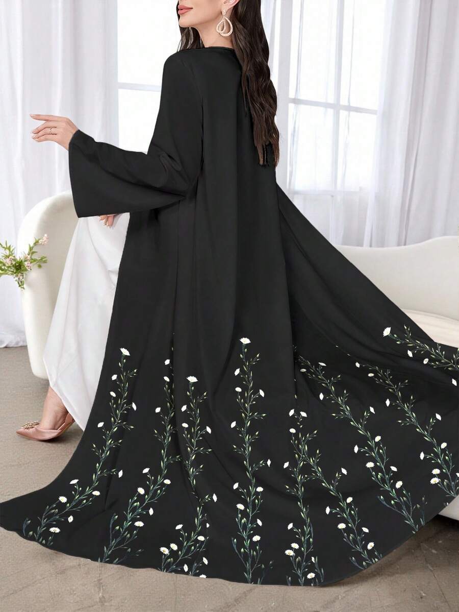 SHEIN Najma 女式花卉印花黑色长袖休闲阿拉伯长袍，春秋款