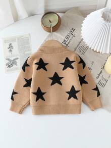 男宝宝开衫，圆领长袖针织毛衣外套，适合秋冬季，卡其色，黑色，提花星星图案，拼色设计，百搭，时尚，休闲，适合日常穿着，居家，户外，旅行