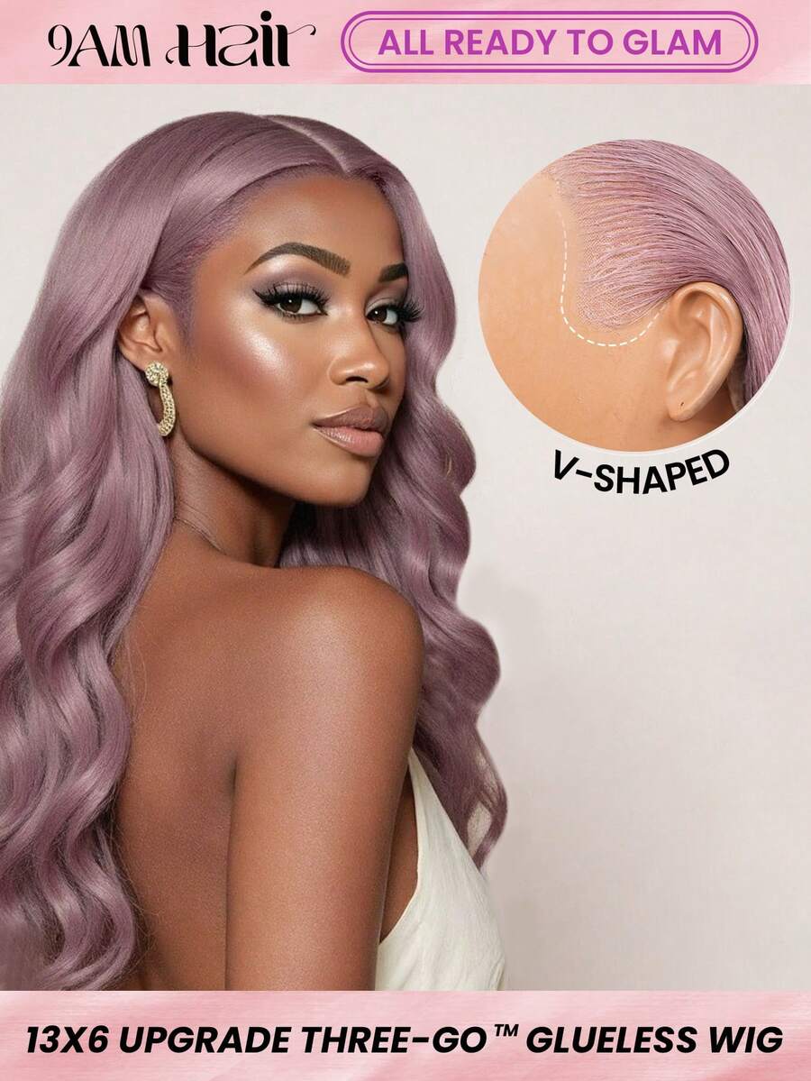 ALL READY WIG TO GLAM Parrucca da donna con parte anteriore in pizzo e onde del corpo, colore viola cenere, non necessita di colla, pre-tagliata, linea capelli invisibile, lunghezza 18-26 pollici, edizione vacanziera vibes estive