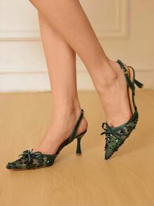 CUCCOO HITCHD 新款时尚设计师高跟鞋，水晶和仿珍珠装饰，适合派对礼服、舞会、婚礼、圣诞节等正式场合，优雅婚鞋 - 墨綠色 - 查看 3