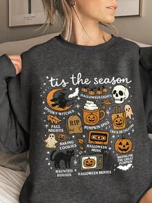EMERY ROSE Áo nỉ Halloween cỡ lớn, áo nỉ dài tay in hình cỡ lớn cho phong cách đường phố, áo dễ thương mùa thu/đông, phong cách nghỉ dưỡng mùa thu. - Màu xám đen - Xem 1