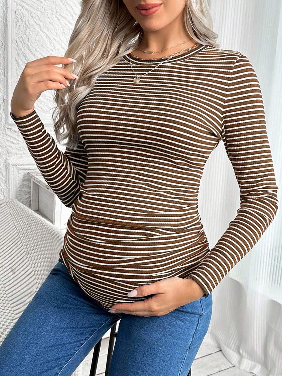 SHEIN Maternity Striped Round Neck Long Sleeve Pleated Fitted Casual T-Shirt Women Long Sleeve Top Coffee Brown Top Brown Top Women Brown Long Sleeve Top Maternity Shirt - Brown - View 1