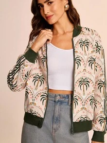 CAJUNI 女士棕榈树印花长袖休闲棒球夹克，秋季 - 黑色 - 查看 7