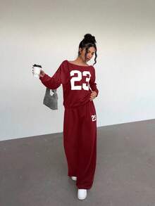 Aloruh Women's Casual 2 Pieces Set: Numeric Print Drop Shoulder Long Sleeve Sweatshirt And Pants, Autumn,Cozy Fall And Winter Clothes For Women - Burgundy - View 5