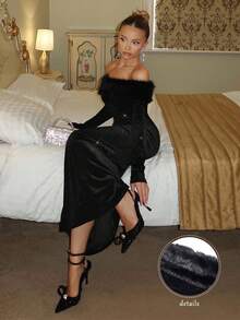 Glamine 别致秋季黑色露肩皮草产品长袖天鹅绒长裙、连衣裙、高雅连衣裙、舞会礼服、狂欢节服装、街头服饰、音乐会服装、俱乐部服装、约会之夜服装、女士生日服装、秋冬连衣裙 - 黑色 - 查看 2