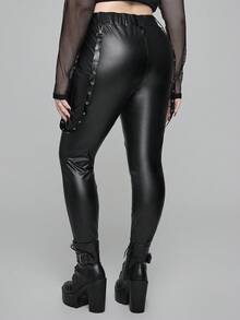 ROMWE Goth 加大码女式哥特式 PU 面料紧身弹力打底裤，可拆卸腰带 - 黑色 - 查看 2