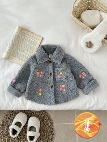 SHEIN 女婴厚羊毛刺绣花领长袖夹克，秋冬 - 灰色 - 查看 8