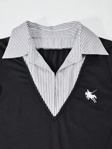 SHEIN 2 件套青少年女孩 V 领喇叭袖短款上衣 + 修身喇叭裤，黑白经典马匹装饰，长袖 T 恤上衣 + 裤子套装 - 黑色 - 查看 14