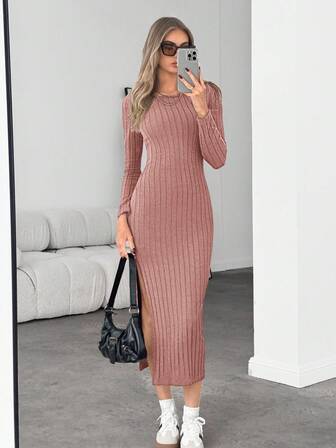 Siren Gaze Solid Split Thigh Bodycon Dress Winter Thanks Giving Pink