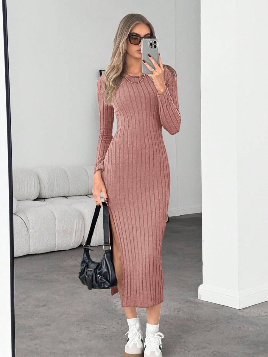 Siren Gaze Solid Split Thigh Bodycon Dress Winter Thanks Giving Pink Casual Spring - Pink - View 1