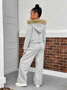 SHEIN Sparklyn 青少年女孩休闲基本款日常通勤校园街头装居家保暖内衬拉链连帽夹克 + 宽松阔腿运动裤秋冬套装秋季