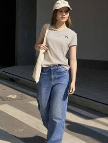 Jouncy 女士休闲蝴蝶结刺绣短袖T恤，夏季 - 卡其色 - 查看 6