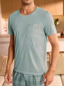 Manfinity Underwear&Sleepwear Basics Men's Pocket Crew Neck Short Sleeve Top And Plaid Pants Pajama Set Men Lounge Set Men Pjs Set - Mint Green - View 4