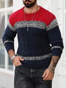 Manfinity Homme 男士撞色麻花图案圆领长袖休闲毛衣，秋冬 - 彩色 - 查看 4