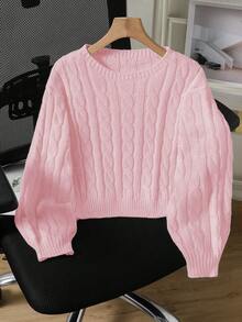 SHEIN Genkimix Kids Tween Girl 1 Piece Round Neck Minimalist Cable Knit Cropped Top For School & Casual Wear, Spring/Fall Cute Sweater - Pink - View 5