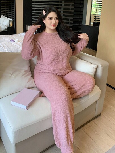 Dazy Plus 2pcs Plus Size Women Fashionable Outerwear Thick Solid Color Sweater Pants Pajama Set, Fall Clothes