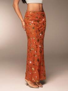 Avantive 秋季/返校/乡村音乐会/外出/生日/万圣节服装/休闲/Y2k/2000 年代/Y2k 服装 Y2k/90S/性感/西部服装女士/乡村/俱乐部/办公室/鸡尾酒会/复古/紧身/狂欢橙色亮片美人鱼下摆裙 - 棕色 - 查看 6