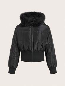 Coolane 女式冬季街头风基本款绗缝大衣（配法兰绒帽） - 黑色 - 查看 4