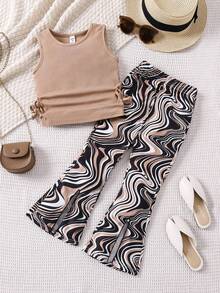 SHEIN 2pcs/Set Young Girls' Casual Sleeveless Top And Flared Pants With All-Over Print For Spring & Summer Summer Holiday