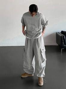 DAZY Men's Thermal-Lined Grey Utility Pocket Drawstring Hem Pullover Sweatshirt Set, Autumn/Winter - Grey - View 3