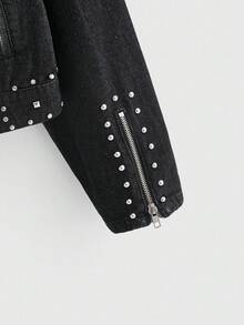 ROMWE MEN Street Life Men's Street Fashion Rivet Zipper Denim Jacket - Black - View 5