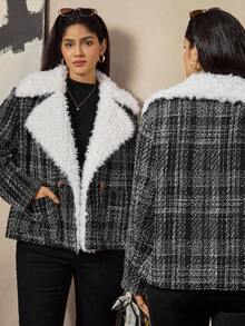 Zelara Plus Size Women Fuzzy Lapel Neck Long Sleeve Plaid Loose Casual Jacket, Autumn Winter Tweed Jacket Women Teddy Collar Tweed Jacket Plus Size Tweed Jacket Women For Women Casual Women's Winter Winter Women's Winter Jacket Going Out Tops Going Out Female Country Look Plaid Chic Women's Jacket Chic Blazer Women Autumn For Women Black Jacket Winter For Women Women's Winter Thanksgiving For Women - Black and White - View 5