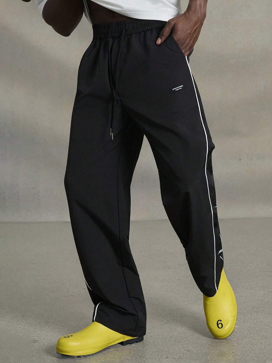 PAVTROS Pantaloni bărbătești cu dungi laterale, lejeri, model grafic cu stele, pantaloni negri lungi și drepți pentru ieșiri în oraș, cadouri pentru soț sau iubit, pentru întoarcerea la școală - Negru - Vizualizare 1