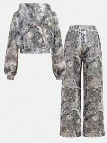 Girlism Tween Girls Casual Knit Hooded Sweatshirt Sweatshirt Set, Streetwear Sporty Fashion Camouflage & Leaf Print Loose Fit Drawstring Waist Wide Leg Sweatpants Fall Winter Teen Girl Camo Sets Y2k Outfits Camo Set Full Outfit Set Girl Camo Outfit - Multicolor - View 6