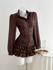 Elamini 女士棕色长袖衬衫，腰部收紧，蕾丝边，优雅装扮，适合秋冬季日常、通勤、休闲穿着 - 棕色 - 查看 3