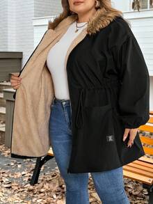 SHEIN CURVE+ Giacca invernale da donna taglie forti con colletto in pelliccia sintetica e resistente all'acqua, abbigliamento invernale taglie forti 8XL, abbigliamento da donna taglie forti 6XL, abbigliamento taglie forti con cappuccio per autunno/inverno - nero - Visualizzare 6