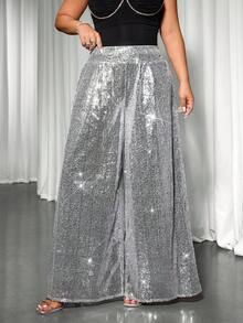 Cravure Plus Size Fashionable Party Sequin Wide Leg Pants - Silver - View 4