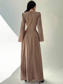 Firerie Váy cotton nguyên chất màu nâu, dáng chữ A, cổ thuyền, eo thắt, tay loe, đơn giản, phong cách đường phố, thời trang thu đông dành cho nữ - màu nâu - Xem 2