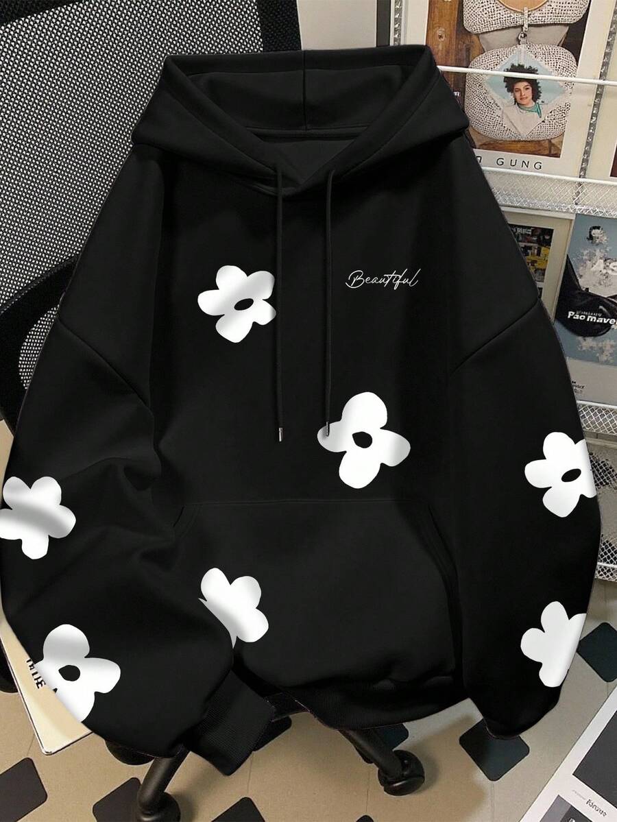 Claim Dot Plus Size Men's Letter & Floral Print Long Sleeve Drawstring Hooded Casual Sweatshirt, Autumn/Winter Flower Hoodie Black Graphic Hoodies