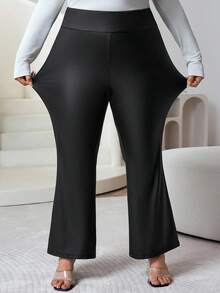 SHEIN CURVE+ Damen Große Größen Schwarze High Waist Weite Bein Schlaghose, modische Lässig Hose für Herbst/Winter - Schwarz - Übersicht 3