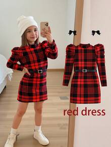 SHEIN Young Girls' Plaid Knit Mock Neck Gigot Sleeve Fitted Dress, Home Or Outdoor Wear, Back To School Fall Clothing Fall Dresses Homecoming Dress Hoco Dressses Wedding Dresses Halloween Clothes  Black Dress Winter Plaid Dress Girls Mama And Me Matching Outfits Matching Girl Women Outfits Mom Daughter Matching Outfit Red Plaid Dress - Red - View 7