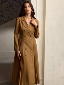 ZEYLAH 新款秋季女式长袖修身双排扣百褶职业连衣裙 - 咖啡 - 查看 6