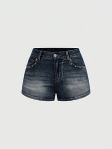 ROMWE Grunge Punk Spring/Summer Carnival Party Casual Y2K Vintage Punk Music Festival Sexy Low-Waist Distressed Rhinestone Decor Women's Low Waist Denim Shorts - Blue - View 5