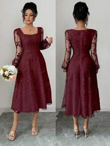 Rafferiza 优雅蕾丝提花连衣裙 - 酒紅色 - 查看 5