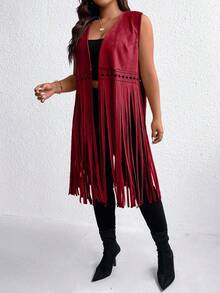 EMERY ROSE Plus Size Women Western Style Hollow Out Fringed Hem Open Front Sleeveless Long Coat For Spring/Summer, Winter Fall Autumn - Burgundy - View 4
