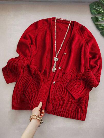 EMERY ROSE Christmas Plus Size Elegant Casual V-Neck Solid Color Long Sleeve Loose Regular Cardigan