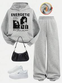 SHEIN Tween Girl Loose Portrait & Slogan Print Thermal Lined Hoodie & Drawstring Sweatpants Set Fall Winter - Grey - View 1